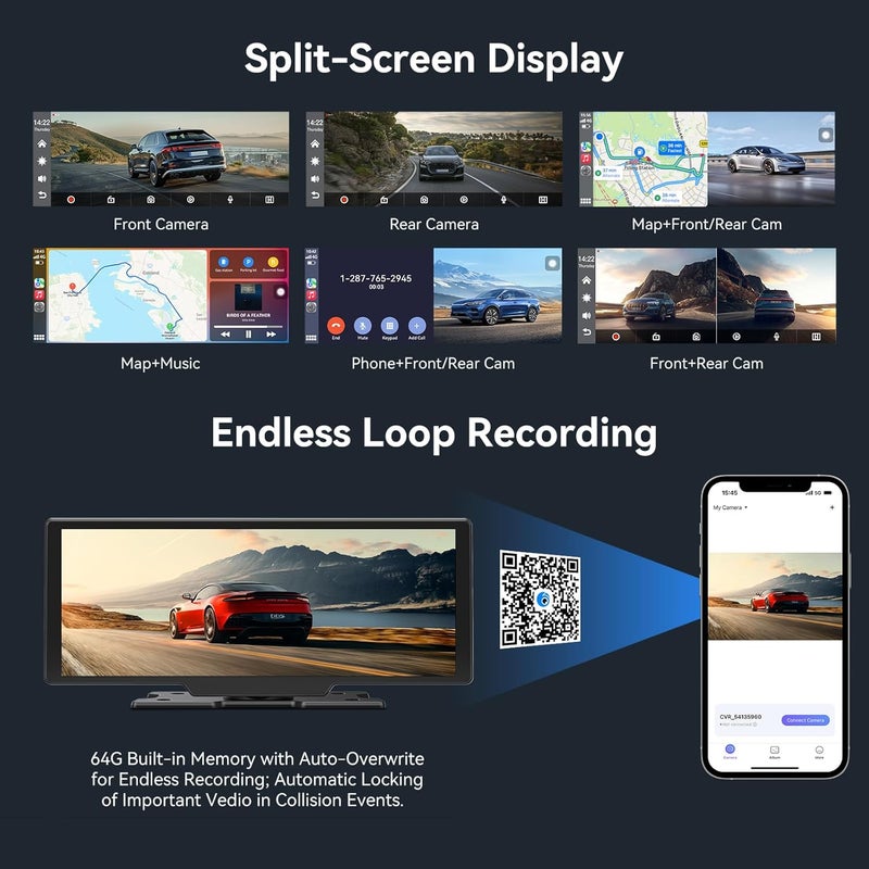 Carpeer Portable Apple Carplay Screen for Car, 10" Wireless Car Play Touchscreen with 4K Dash Cam, 1080P Backup Camera, Carplay&Android Auto, Loop Recording, GPS Navigation, Bluetooth - Image 5